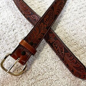 Mens Brown Western Belt Cowboy Full Grain Leather Hand Tooled Sz 3X / 48 Rodeo
